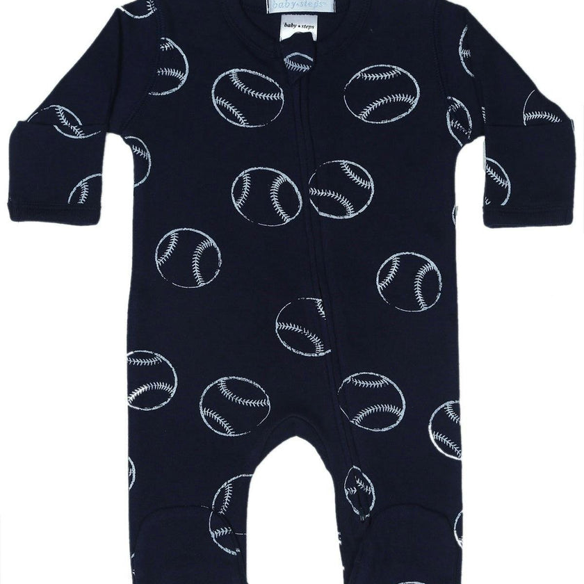 Baby Zipper Footie - Baseballs on Navy