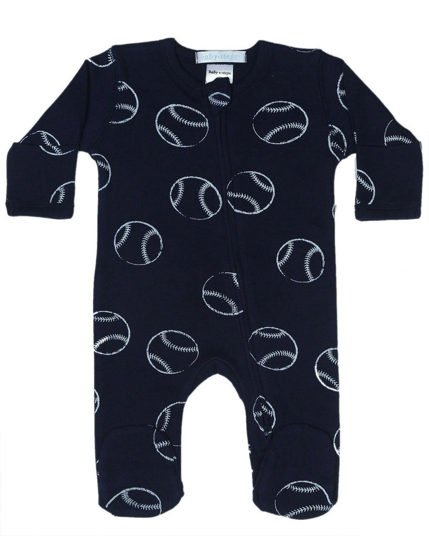 Baby Zipper Footie - Baseballs on Navy