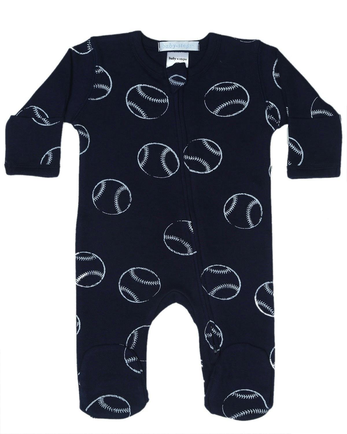 Baby Zipper Footie - Baseballs on Navy