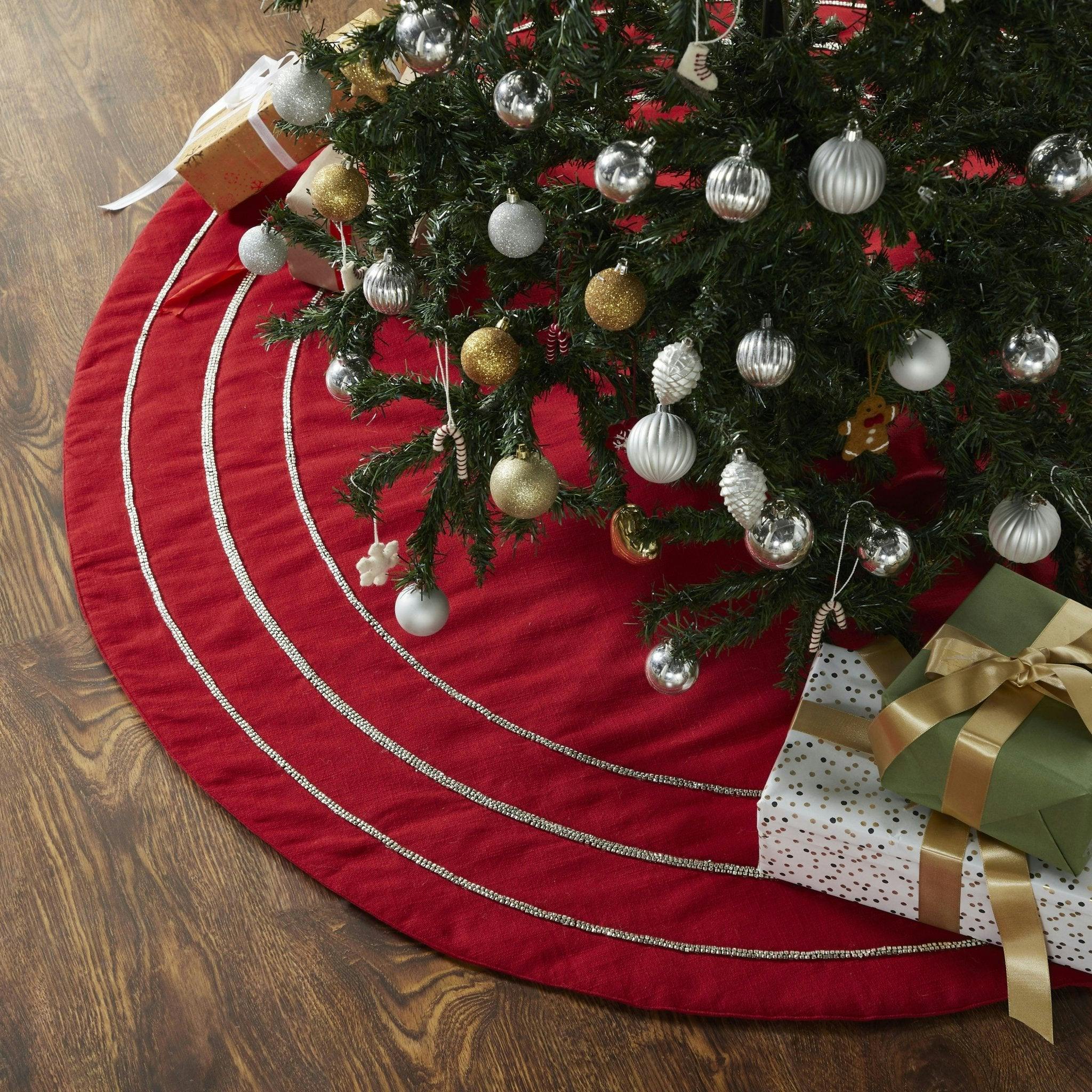 Handmade Concentric Nailhead Circles Red Linen Christmas Tree Skirt 60