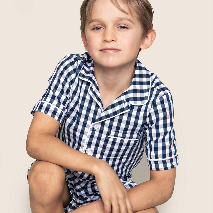 Kid's Pajama Short Set in Navy Gingham
