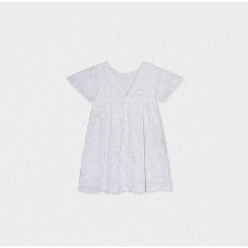 Flora Girl Dress, White Flower Embroidery