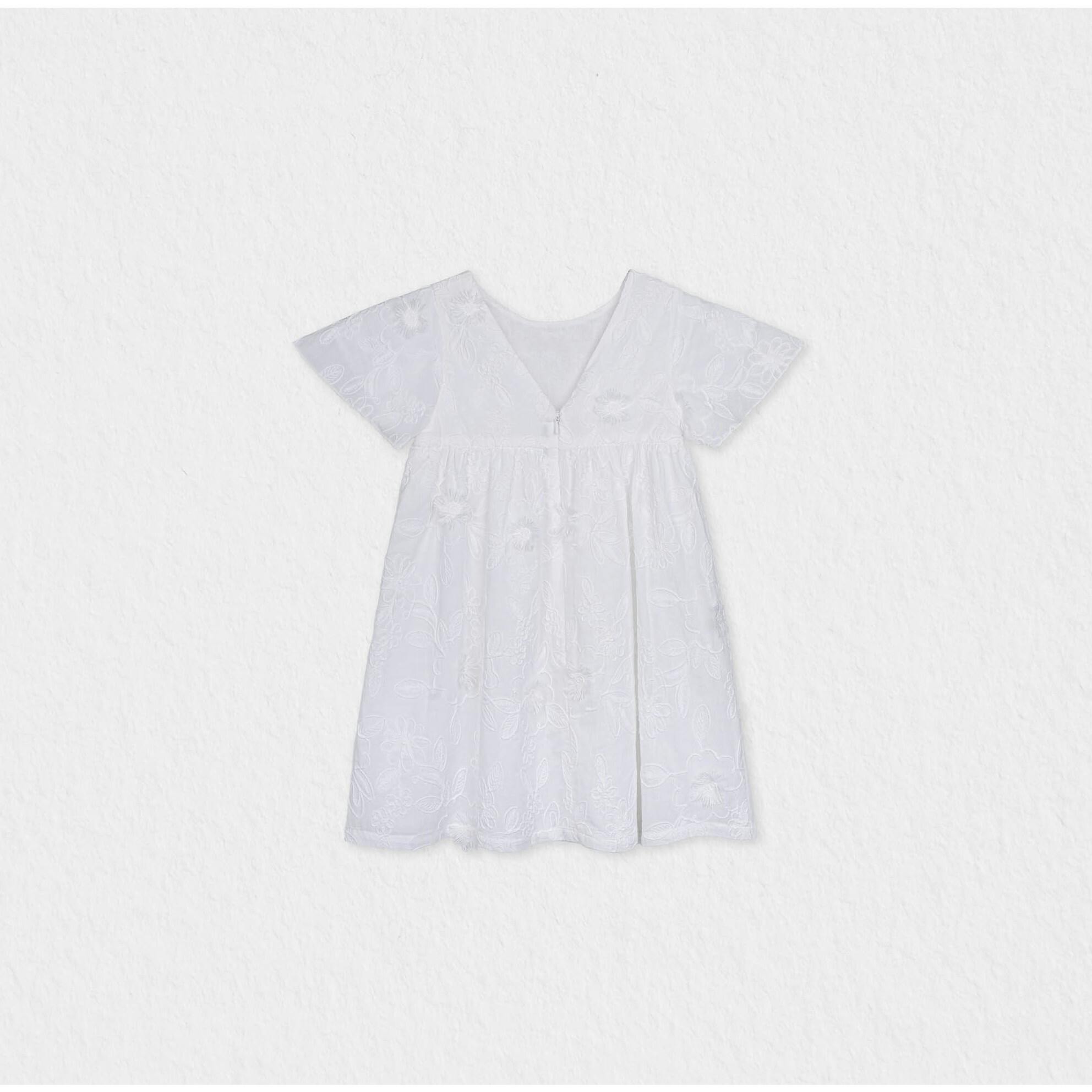 Flora Girl Dress, White Flower Embroidery