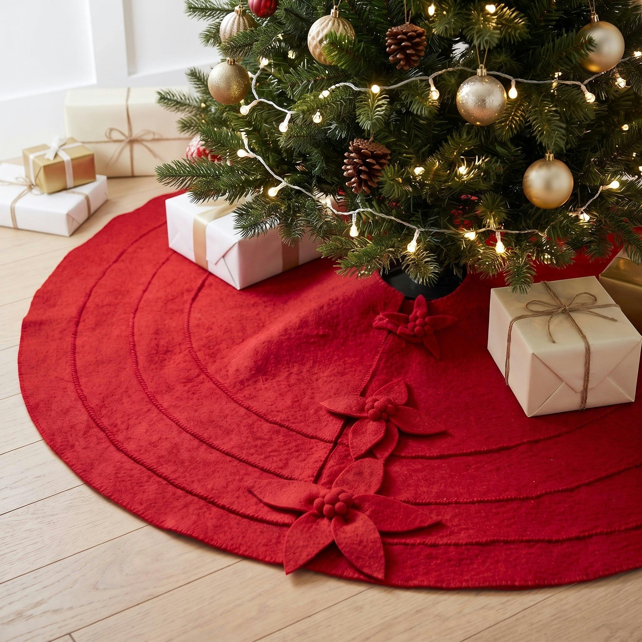 Red Poinsettia Buttons Christmas Tree Skirt Hand Felted Wool - 60