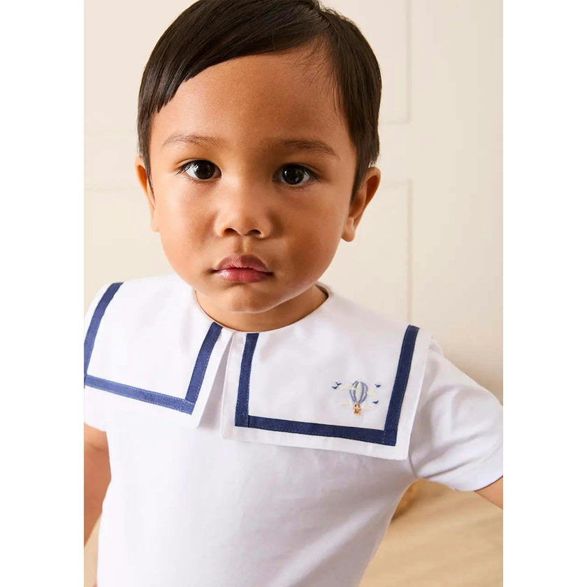 Mariner Collar Hot Air Balloon Embroidered Top in White (6mths-4yrs)