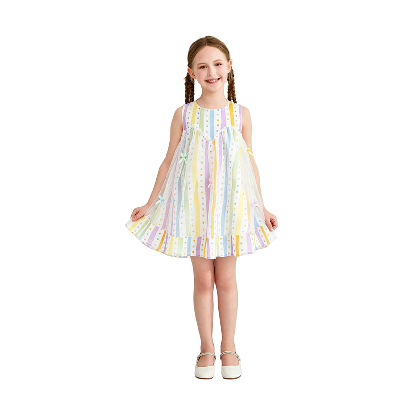 White Caliora Striped Bow Tulle Dress