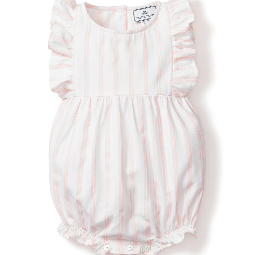 Baby's Twill Stripe Ruffled Romper in Pink and White Stripe