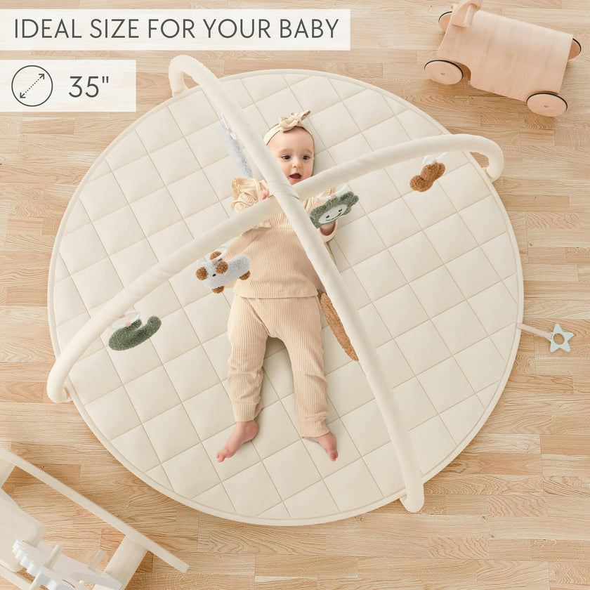 Beautiful Baby Play Gym - Soft Cotton Mat with 6 Cute Toys Creates The Perfect Activity Area for Your Girl/Boy - Stylish Infant Floor Playmat for Playroom