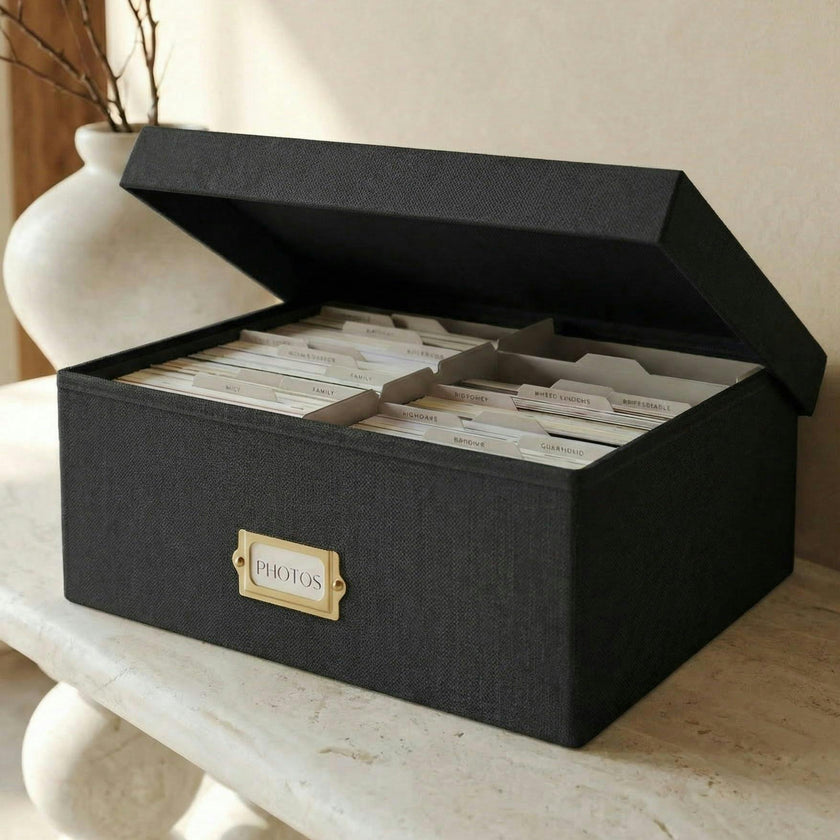 Decorative Photo Storage Box - Sturdy Linen Photo Organizer with Dividers - Stores Up to 850 4x6 Photos - Portable Scrapbook Storage Container with Lid