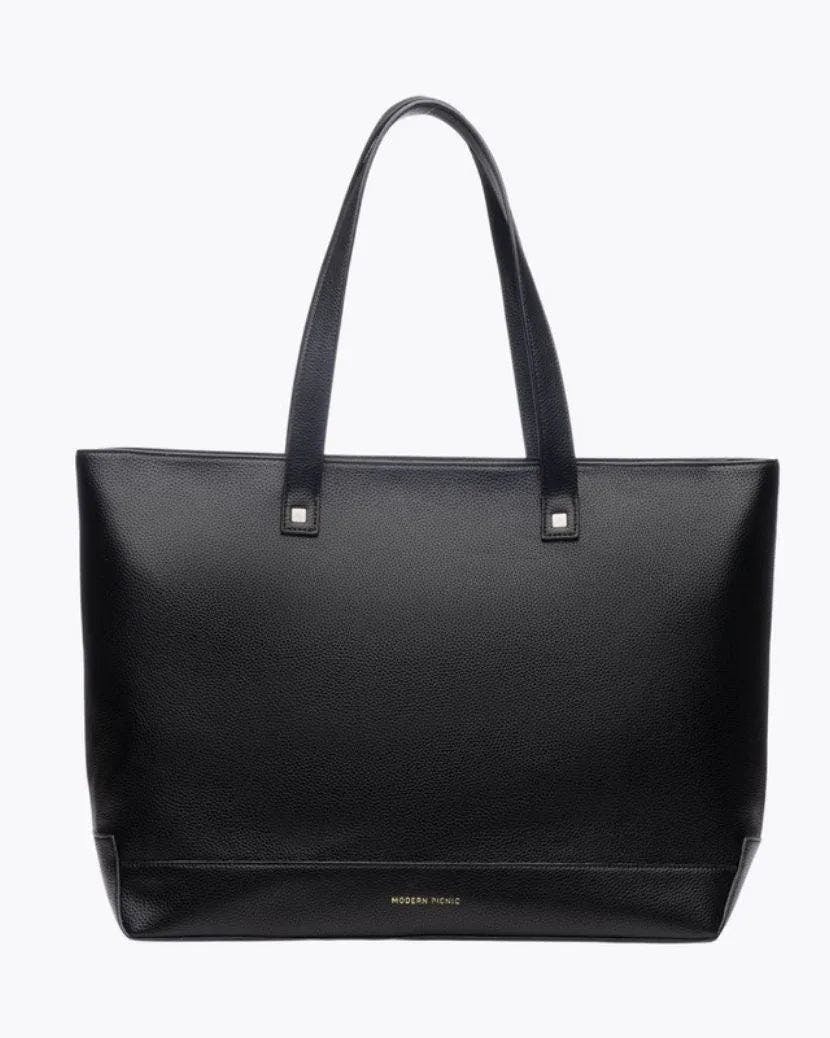 Vegan Leather Work Tote Bag with Removable Insulated Pouch, Black