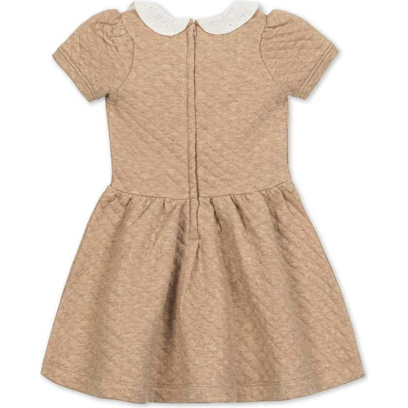 Short Sleeve Quilted Dress with Eyelet Collar, Beige