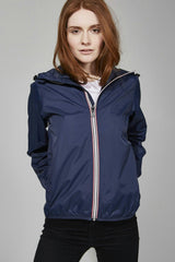 Navy full zip packable rain jacket and windbreaker