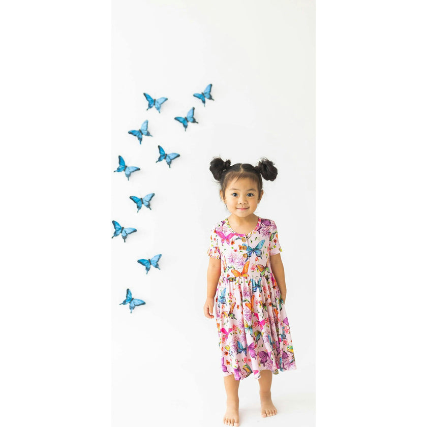 Watercolor Butterfly Short Sleeve Ruffled Twirl Dress