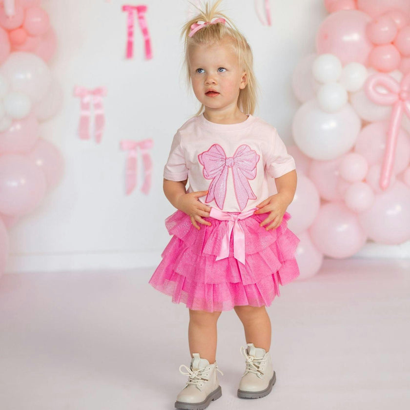Pink Bow Sequin Patch Short Sleeve T-Shirt