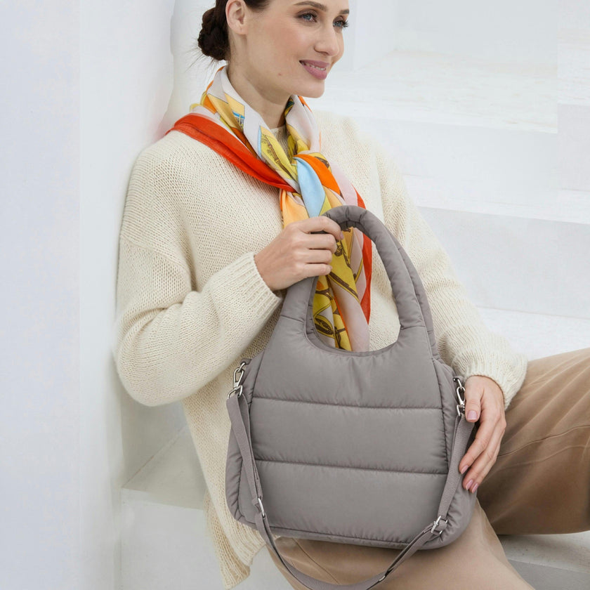 The Astra Puffy Tote with Removable Crossbody Strap in Taupe