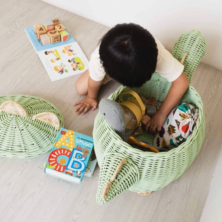 Handcrafted- Dinosaur Storage Basket Mint Green (Large) - Rattan Wicker