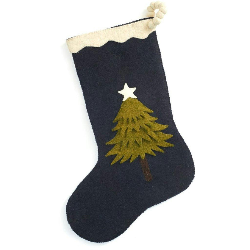 Hand Felted Wool Christmas Stocking - Tree Navy Blue