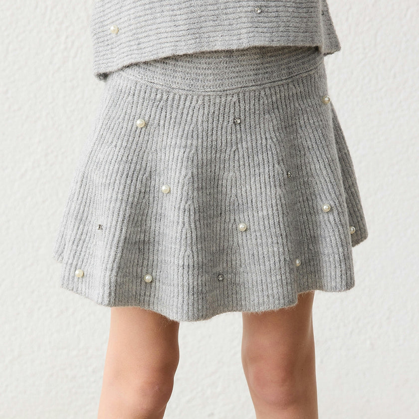 Grey Pearl Embellished Knit Skirt