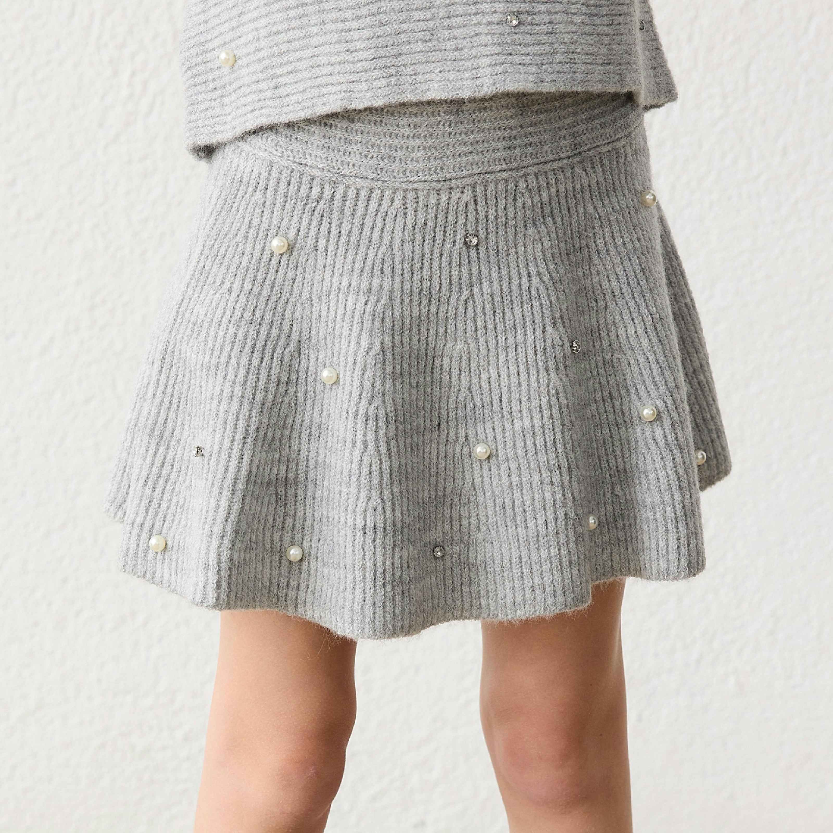 Grey Pearl Embellished Knit Skirt