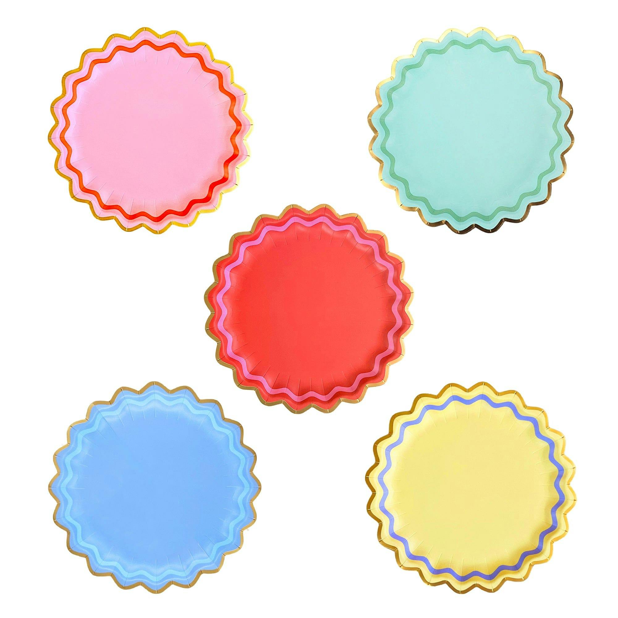 Packed Party Rainbow Ric Rac 10ct Paper Dinner Plates | Gold Foil Scalloped 5-Color Mix Party Plates |10 Inch Birthday Plates