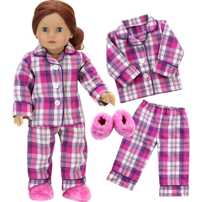 Sophia's Flannel Pajama and Fuzzy Slippers for 18'' Dolls, Pink/Purple/White