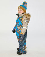 Kids One Piece Play Snowsuit Grey And Blue Dinosaur Print