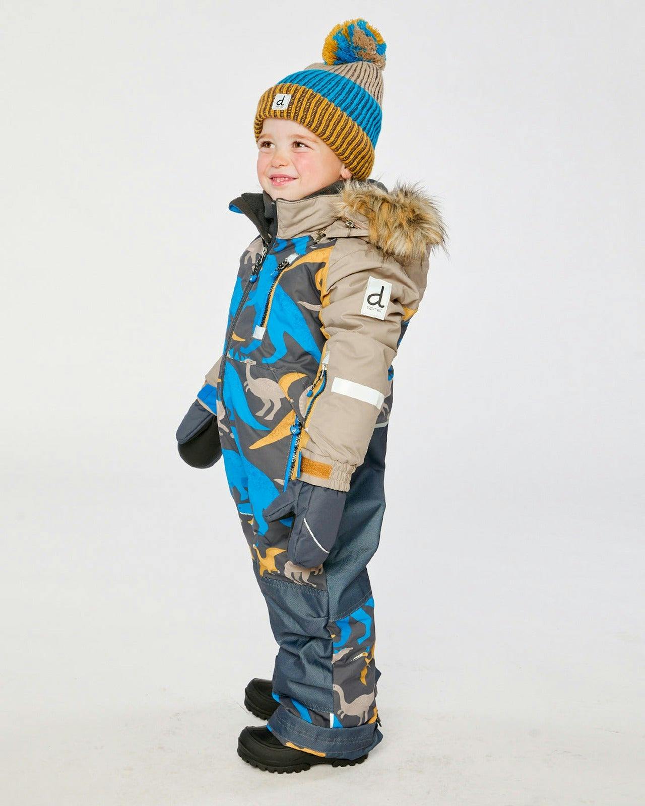 Kids One Piece Play Snowsuit Grey And Blue Dinosaur Print