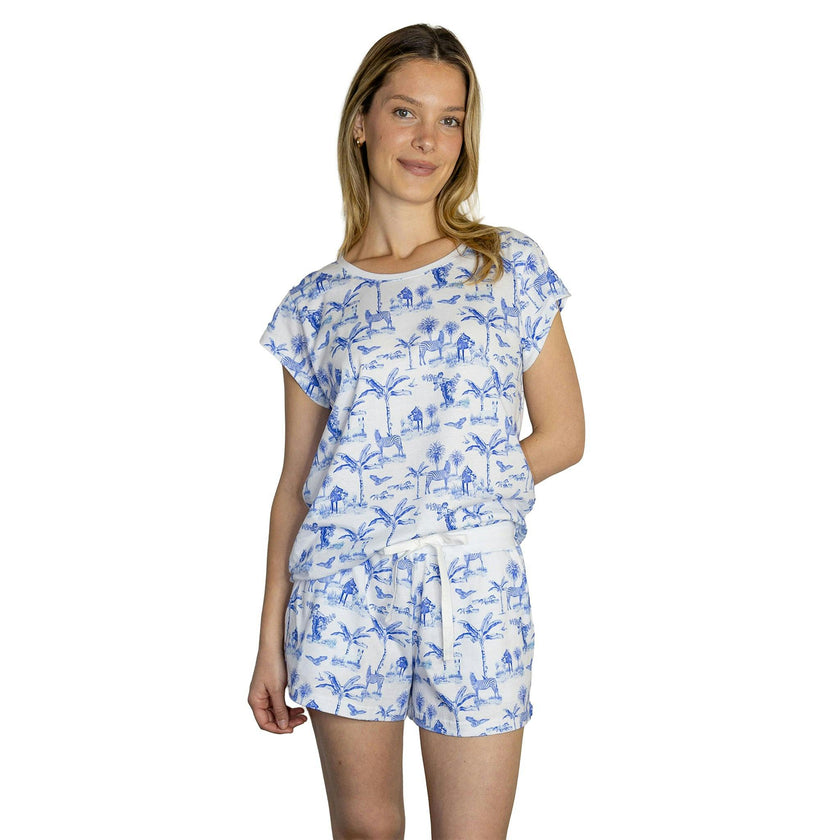 Women's Skydog Toile Blue Jersey Short PJ Set - Organic Stretch Cotton