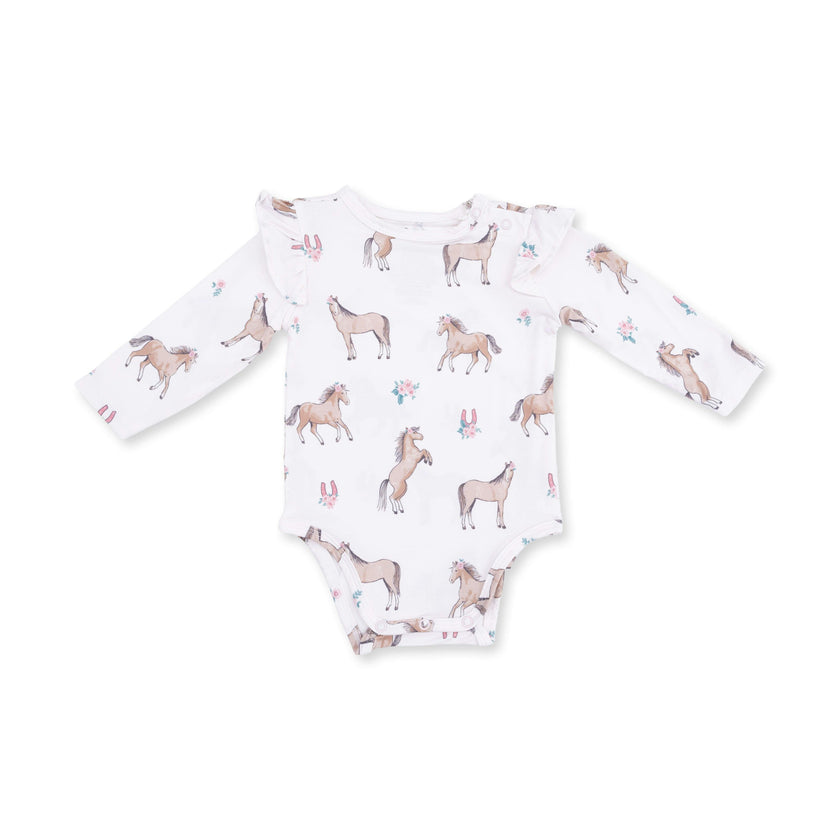 I Love Horses - Ruffle Sleeve Bodysuit with Snap Shoulder