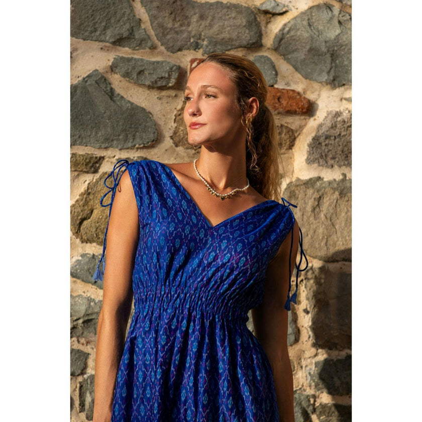 Noemie Women's Shoulder Tie Dress Cobalt Ikat, Blue