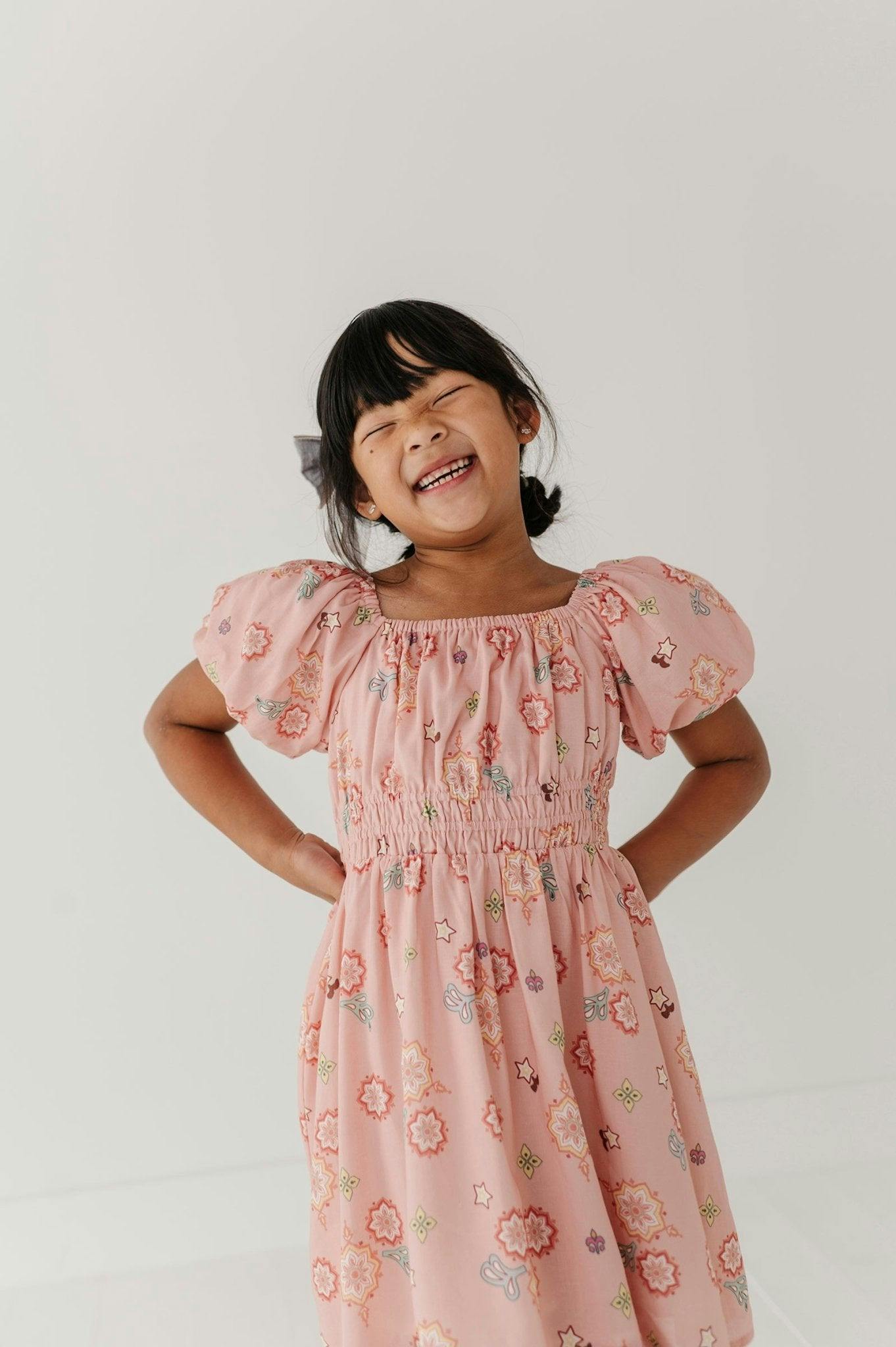Girls Peasant Bubble Sleeve Dress in Polly Paisley