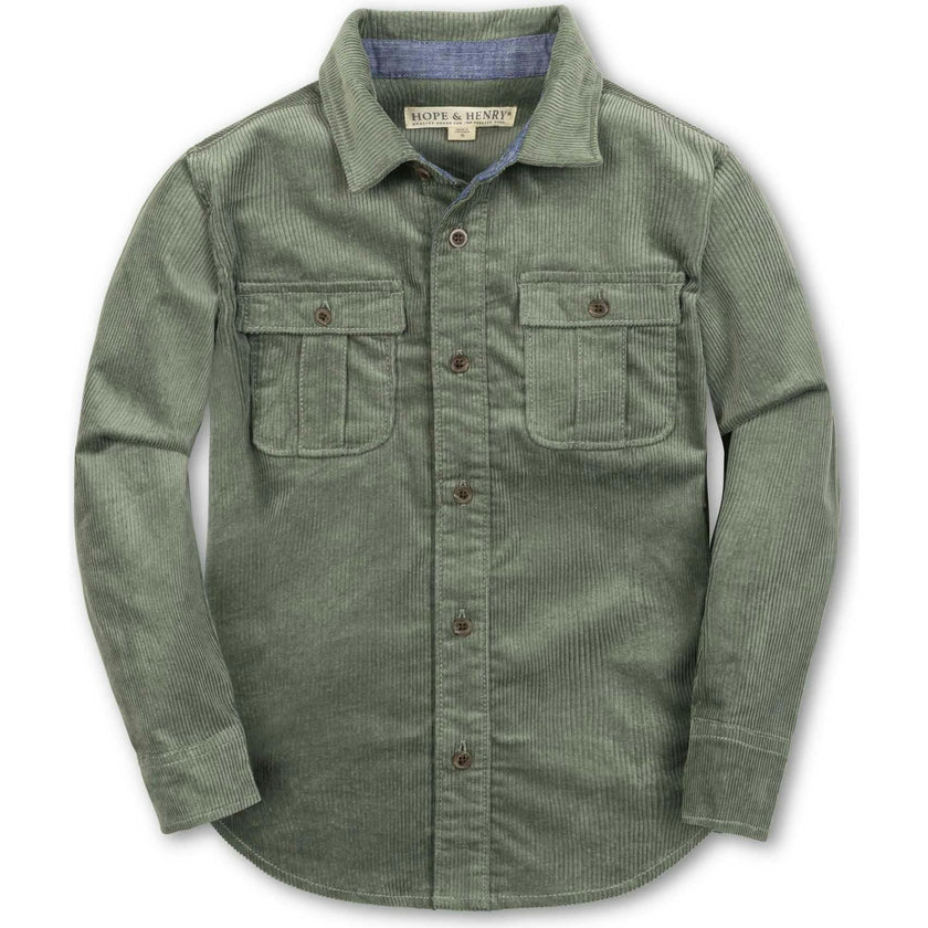 Organic Long Sleeve Corduroy Flap Pocket Button Down Shirt, Green