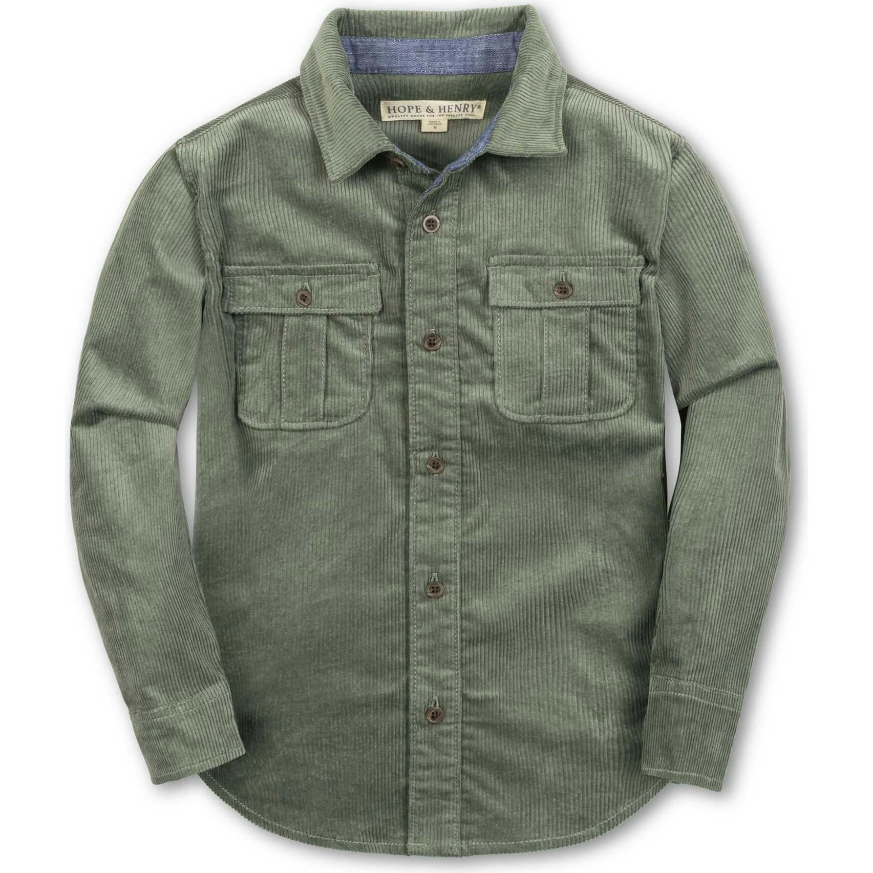Organic Long Sleeve Corduroy Flap Pocket Button Down Shirt, Green