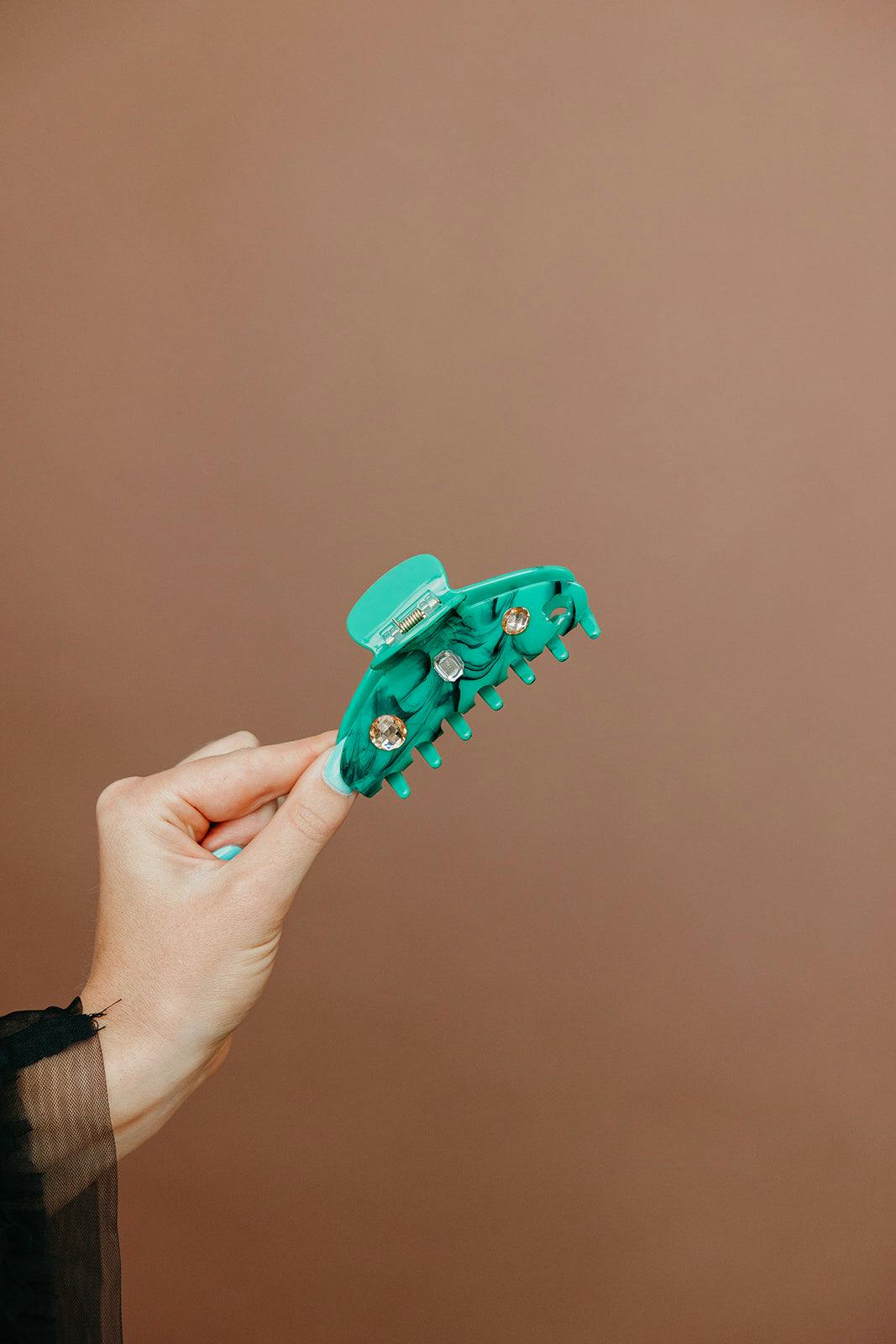 TEAL ACETATE CLAW WITH GEMS