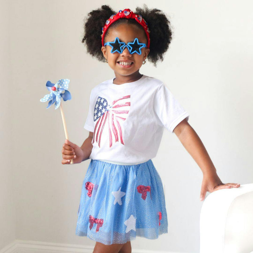 Patriotic Sequin Bow Patch Short Sleeve T-Shirt - White