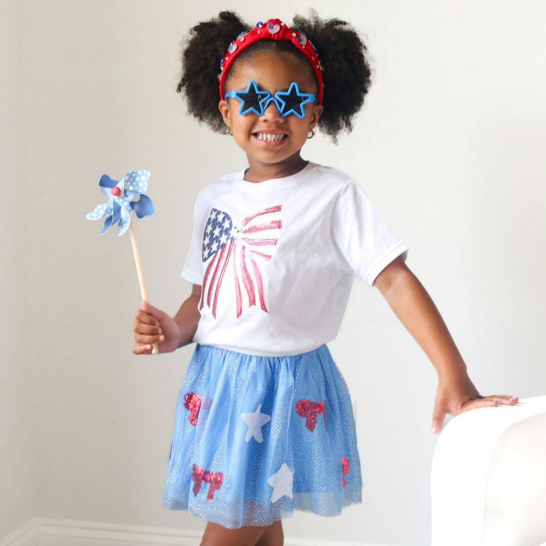 Patriotic Sequin Bow Patch Short Sleeve T-Shirt - White