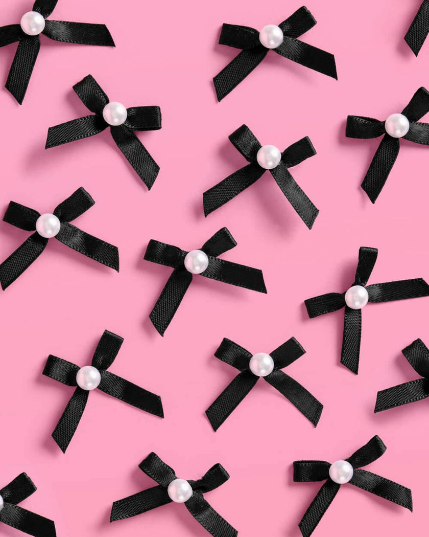 Black Bow Cake Toppers - 12 black + pearl cake toppers