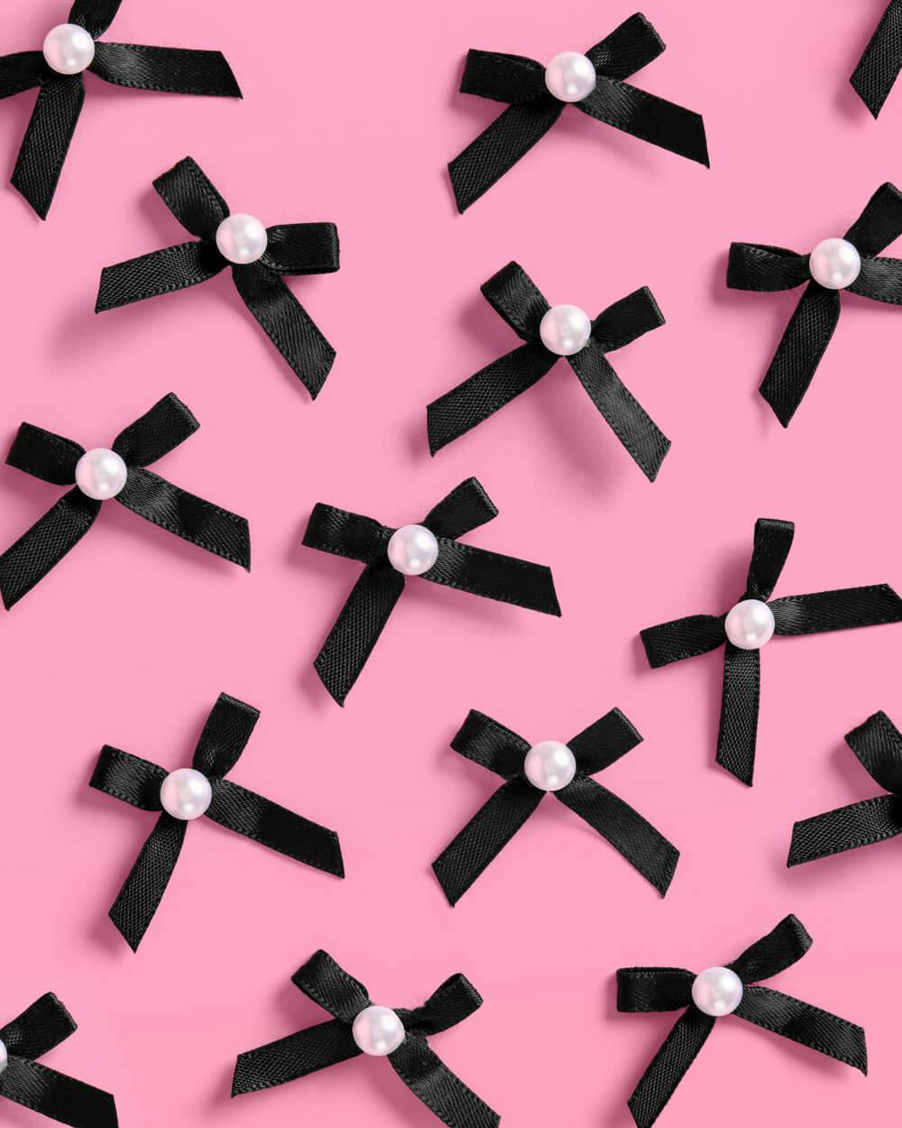Black Bow Cake Toppers - 12 black + pearl cake toppers