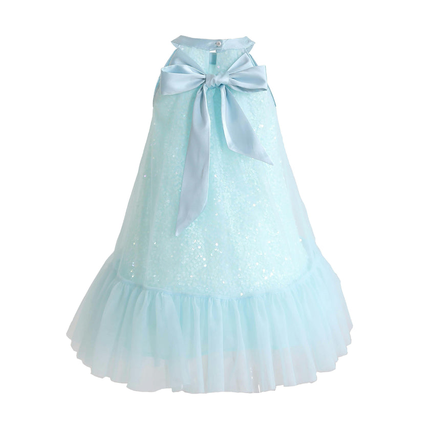 Blue Amelisse Sequin Back Bow Dress