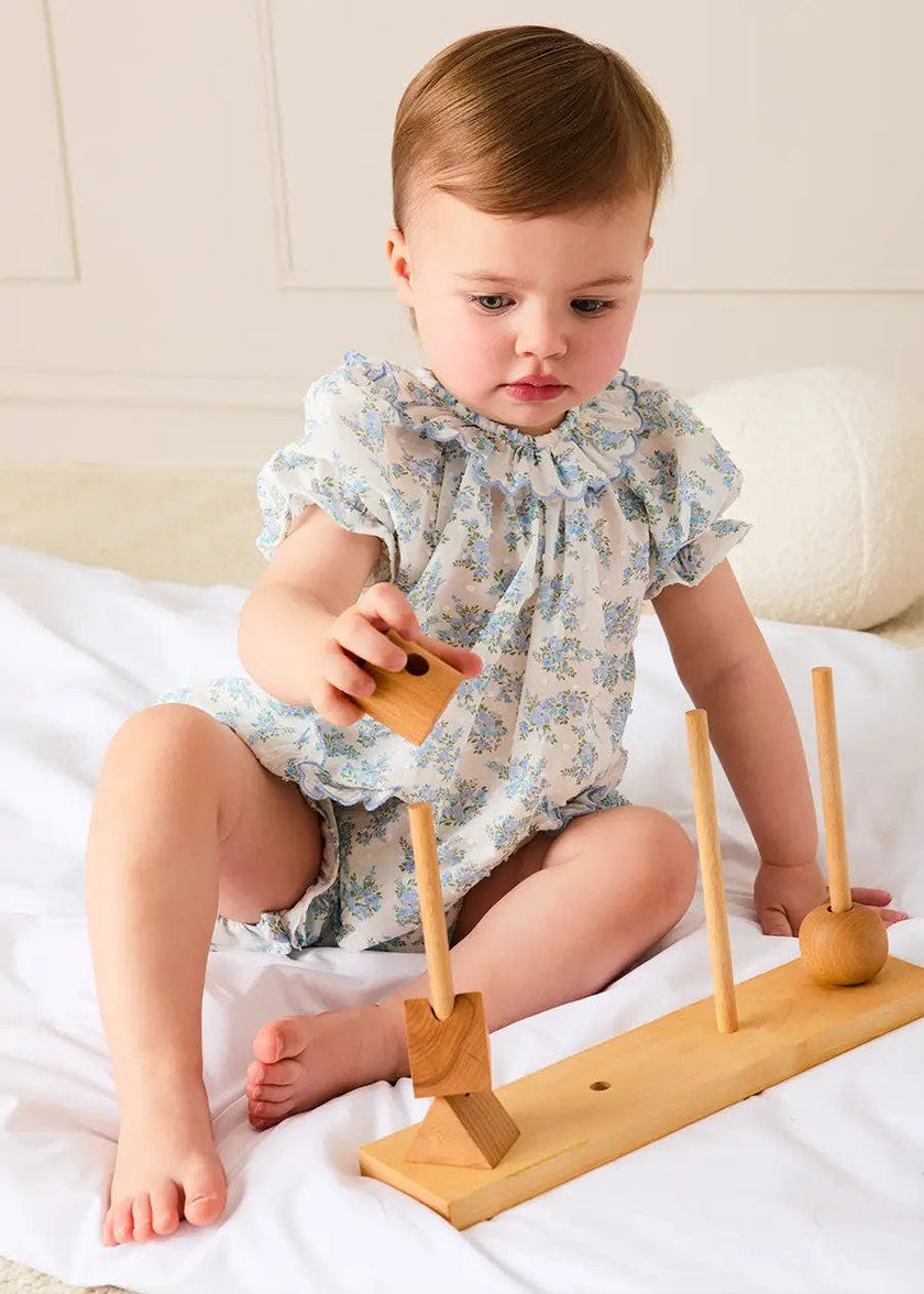 Esme Floral Swiss Voile Scallop Detail All-In-One Pyjamas in Blue (9mths-2yrs)