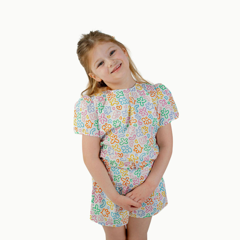 Puff Sleeve Blouse in Rainbow Doodle