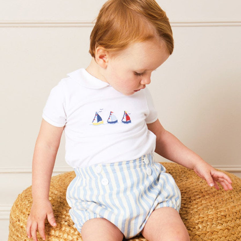 Embroidered Boat Motif Peter Pan Collar Bodysuit in White (1mth-3yrs)