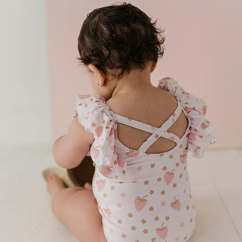Girl's Ruffle Sleeve Cross Back Swimsuit