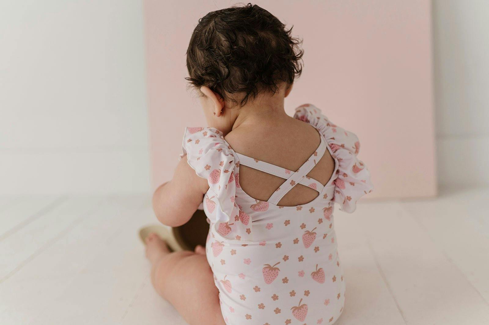 Girl's Ruffle Sleeve Cross Back Swimsuit