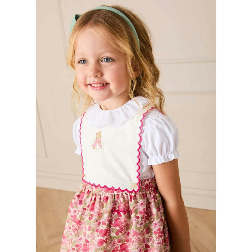 Margret Floral Bunny Embroidered Scallop Detail Pinafore Skirt in Pink (18mths-6yrs)