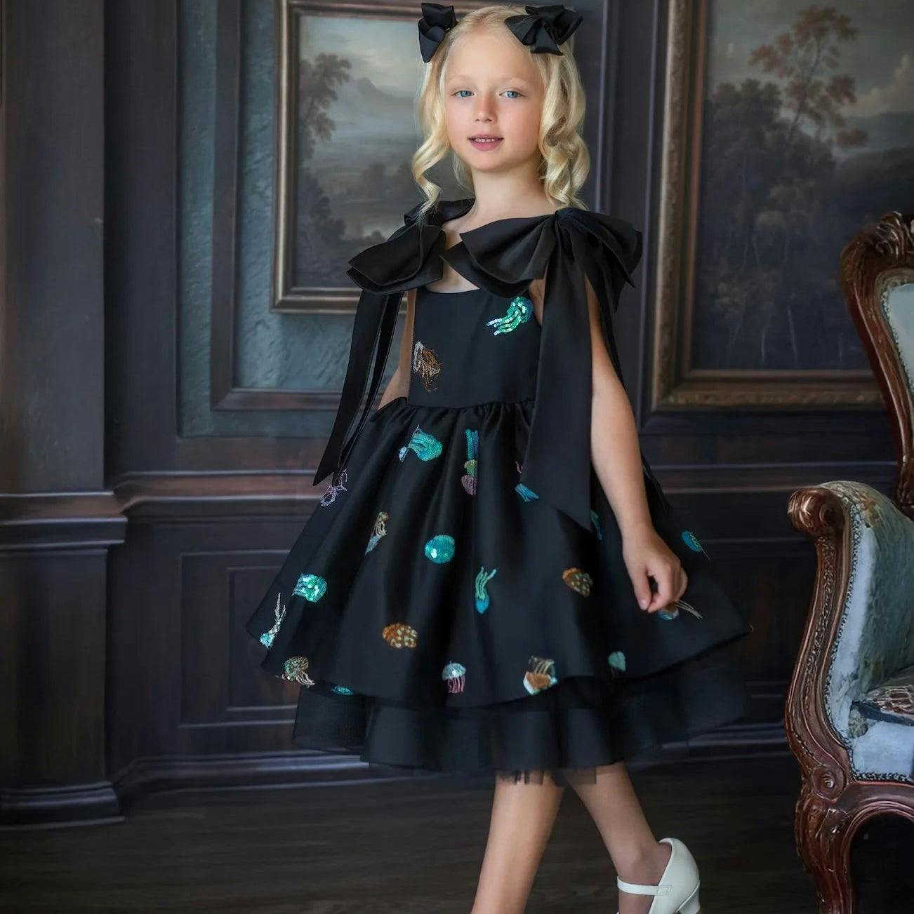 Ocean Magic Black Sequin Tulle Birthday Dress for Girls