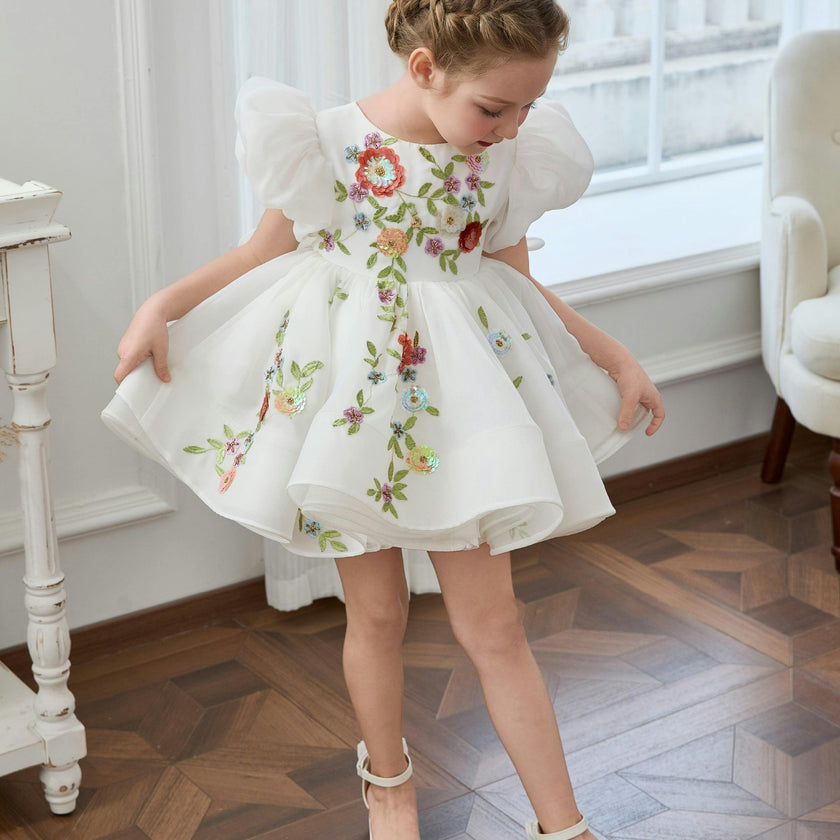 White Embroidered Puff Sleeve Dress