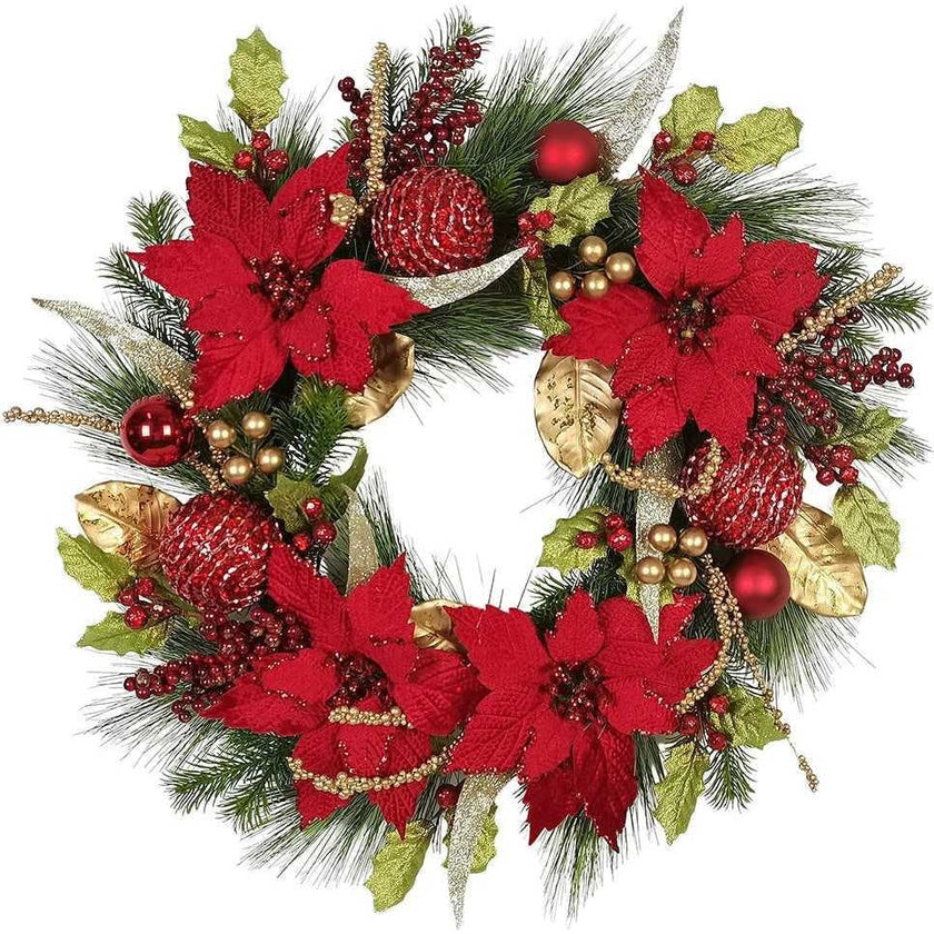 24-Inch Unlit Gold and Red Poinsettia Wreath