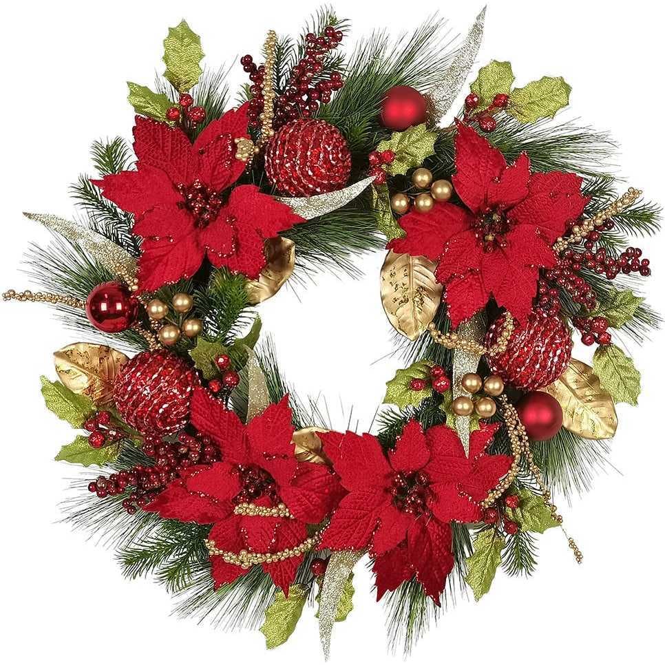 24-Inch Unlit Gold and Red Poinsettia Wreath