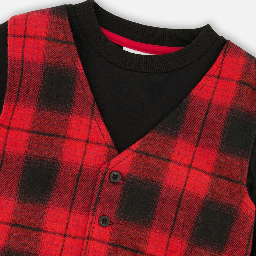 T-Shirt with Plaid Vest Red and Black